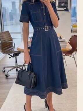 SHEIN Belted Navy Midi Shirt Dress